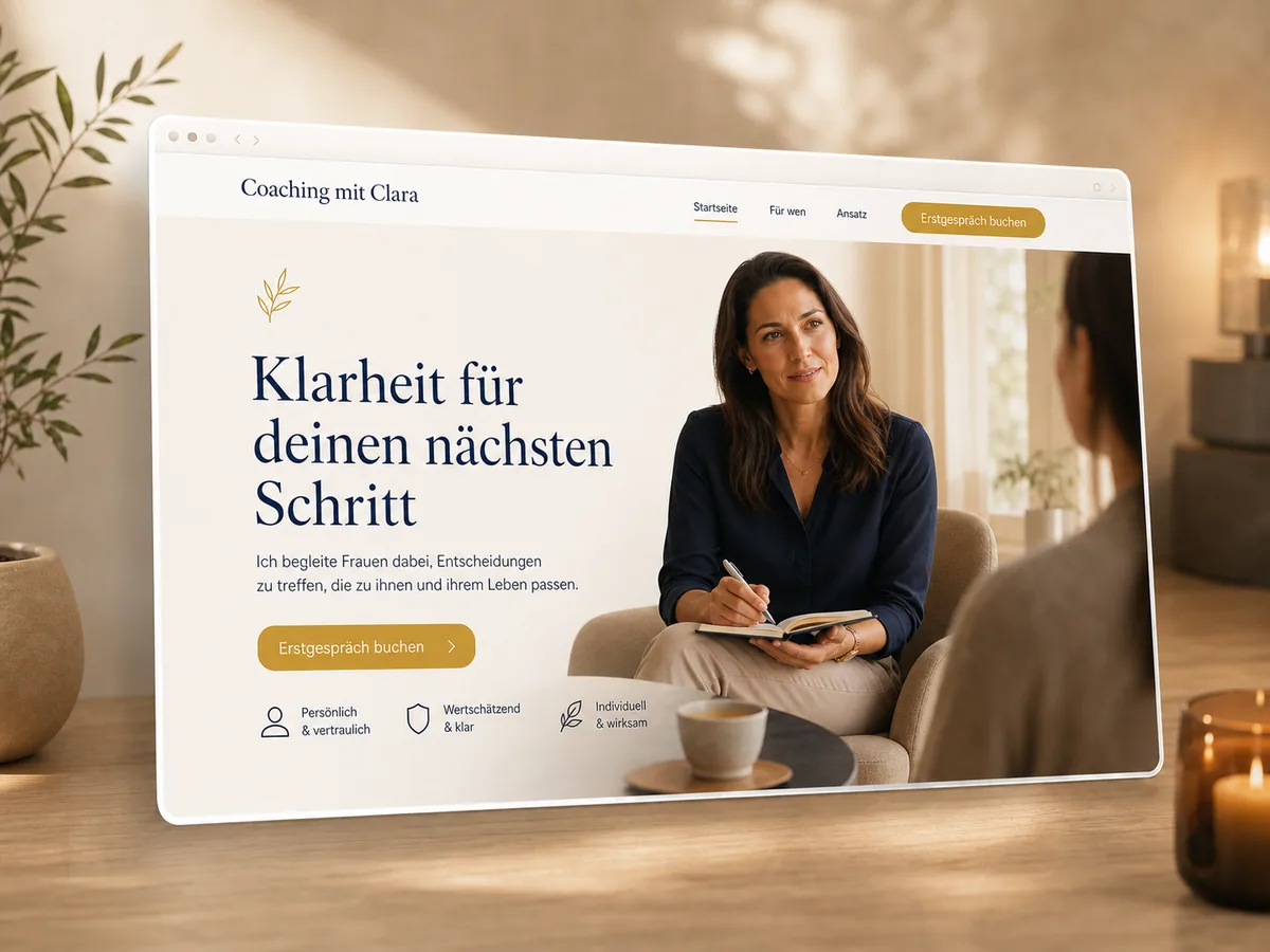 Mockup einer Coaching-Startseite mit klarer Positionierung und Erstgespräch-Aufruf
