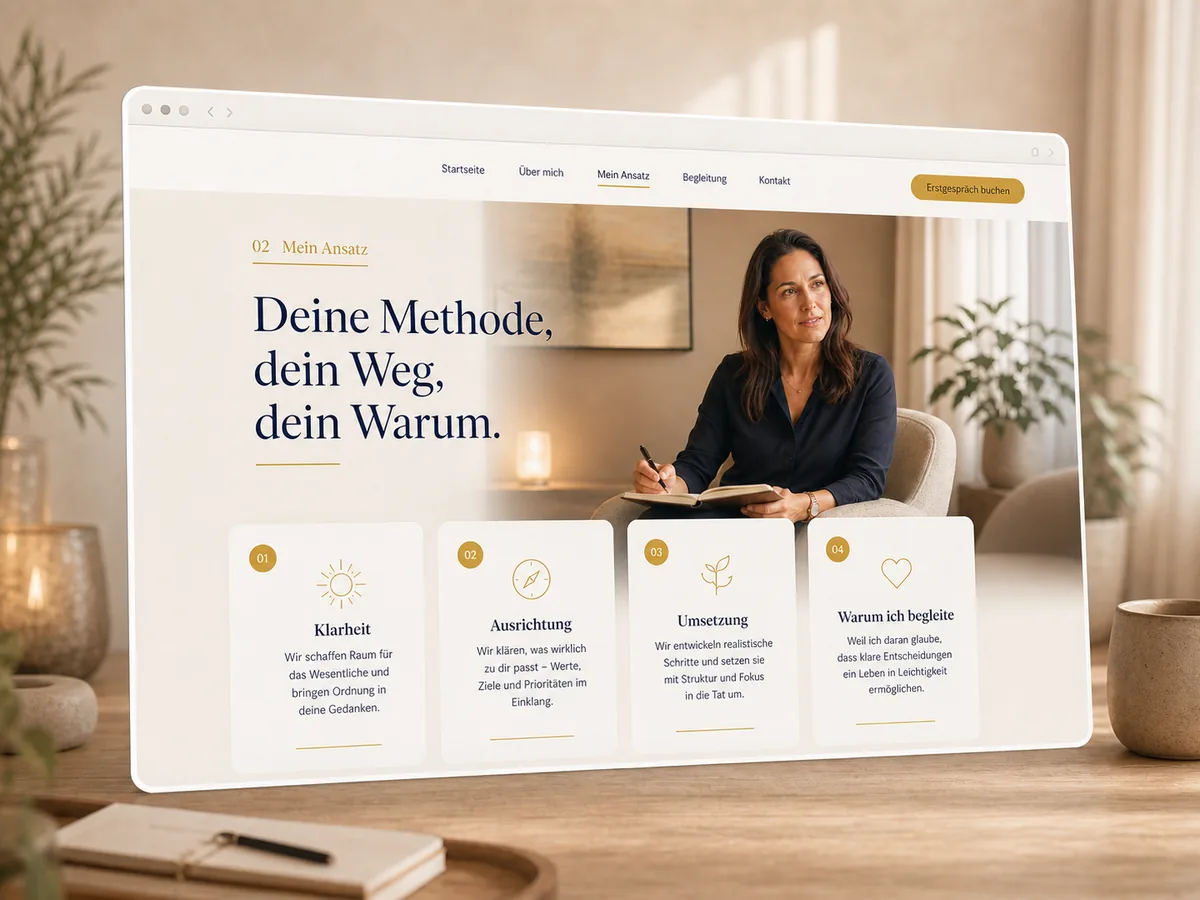 Mockup einer Coaching-Ansatz-Seite mit Methode, Werten und Warum