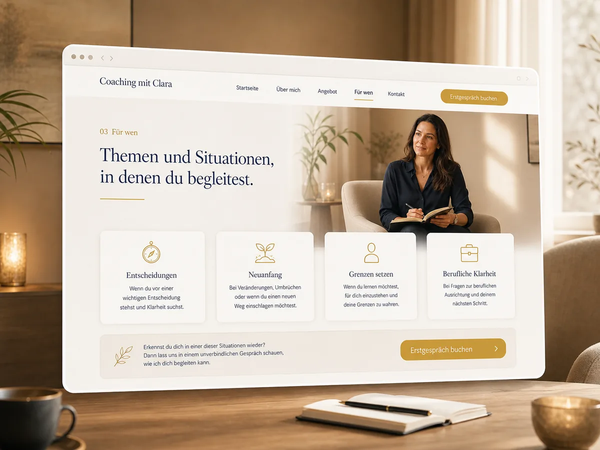 Mockup einer Für-wen-Seite mit Situationen und Themen für Coaching-Klienten