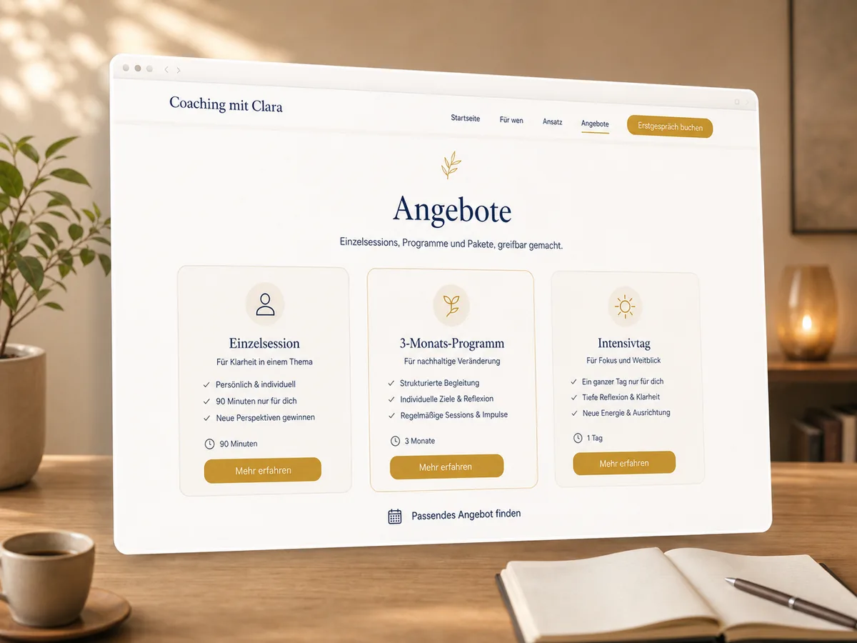 Mockup einer Angebotsseite für Einzelsessions, Programme und Coaching-Pakete