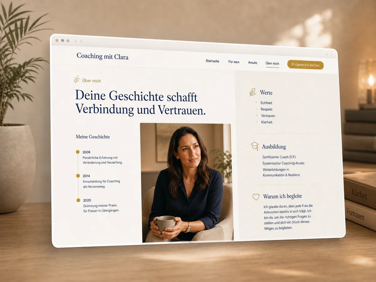 Mockup einer Über-mich-Seite für einen Coach mit persönlicher Geschichte und Werten