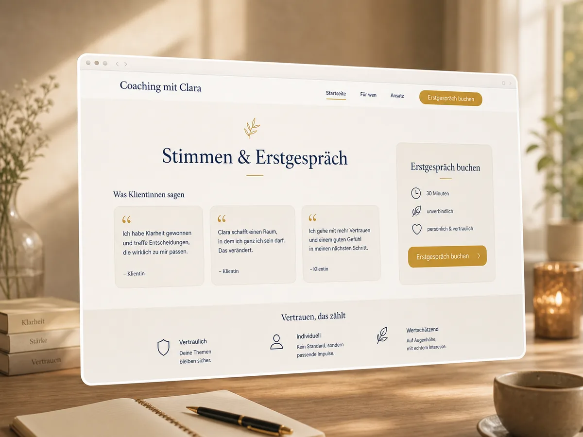 Mockup einer Coaching-Seite mit Klientenstimmen und Erstgespräch-Buchung