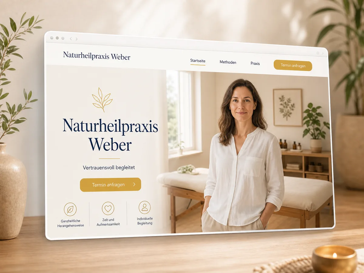 Mockup einer Startseite für eine Naturheilpraxis mit vertrauensvollem Hero-Bereich