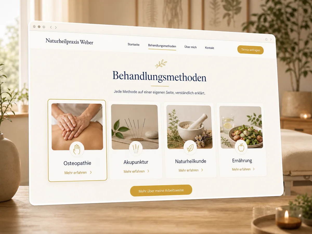 Mockup einer Methodenseite für Osteopathie, Akupunktur, Naturheilkunde und Ernährung