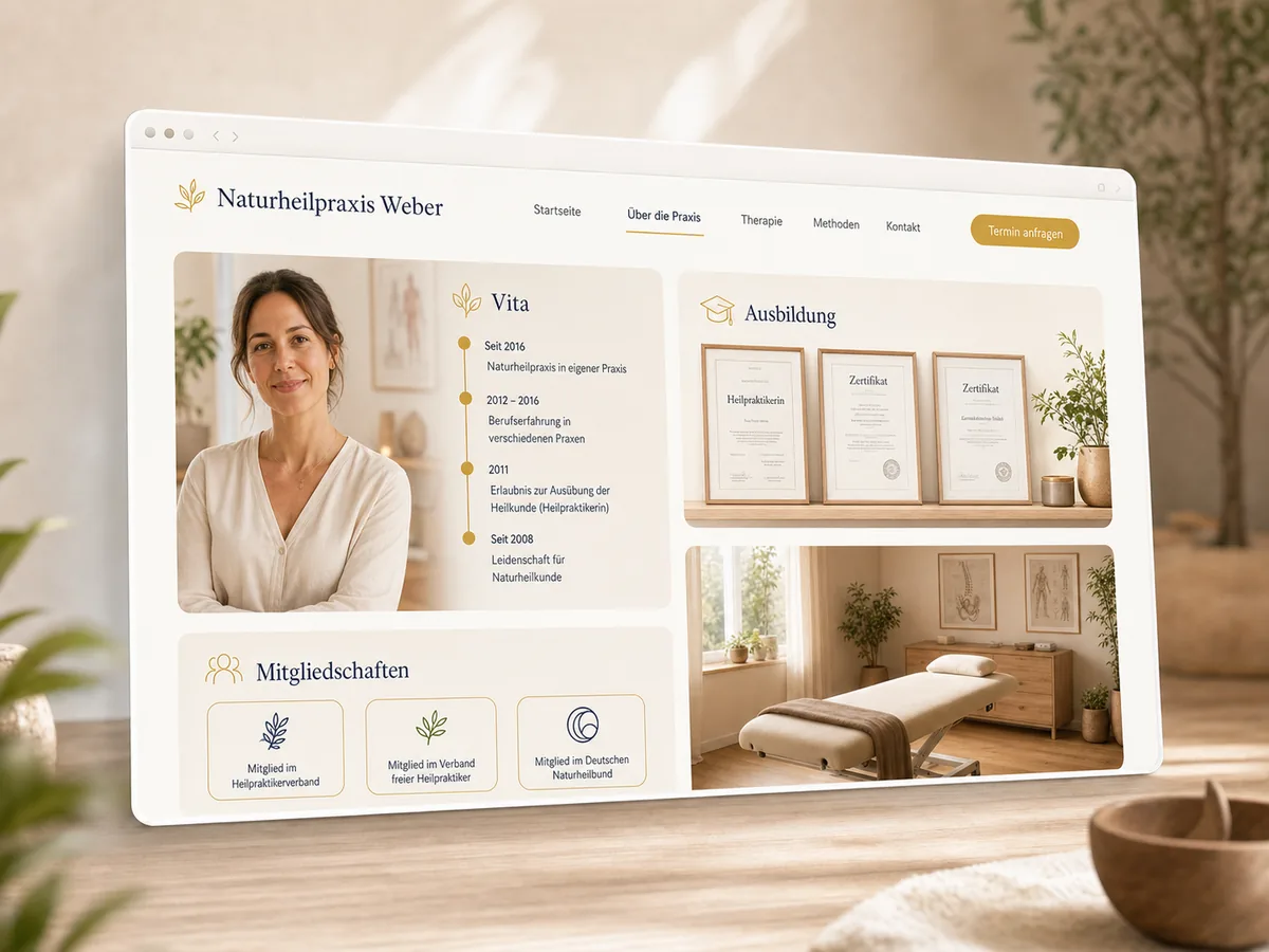Mockup einer Praxis-Seite mit Vita, Ausbildung, Zertifikaten und Mitgliedschaften