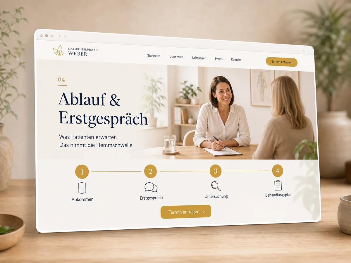 Mockup einer Ablauf-Seite mit den Schritten vom Ankommen bis zum Behandlungsplan