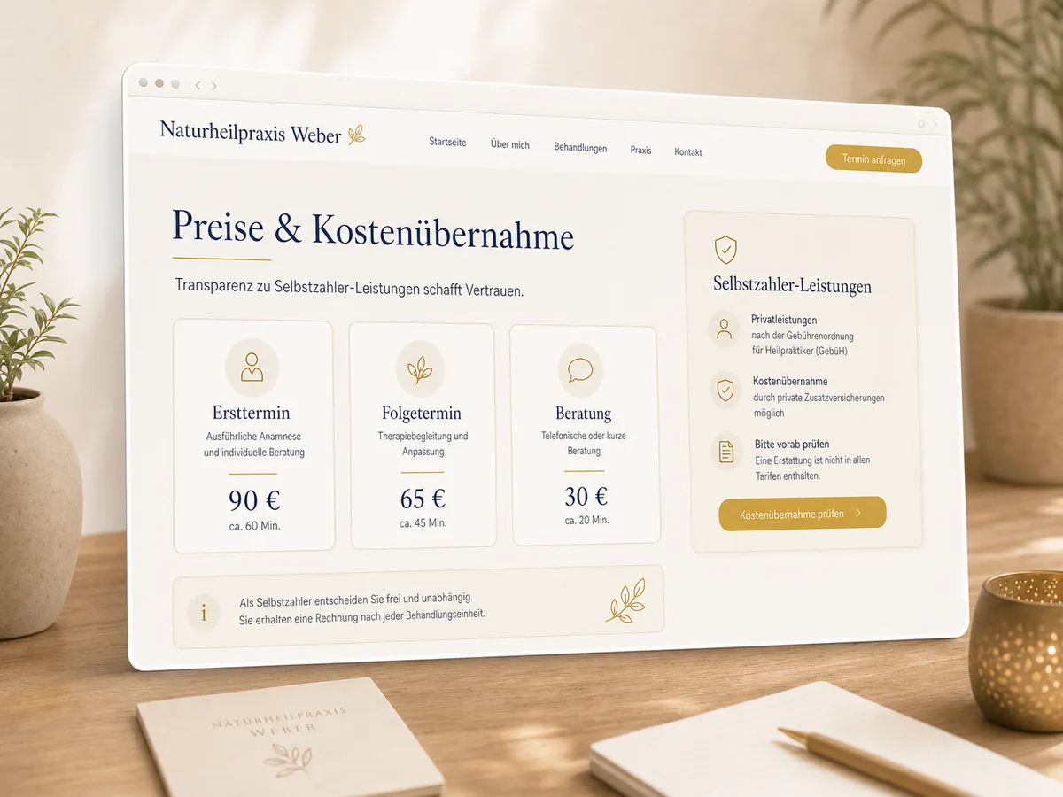Mockup einer Preis- und Kostenübernahme-Seite für Selbstzahler-Leistungen