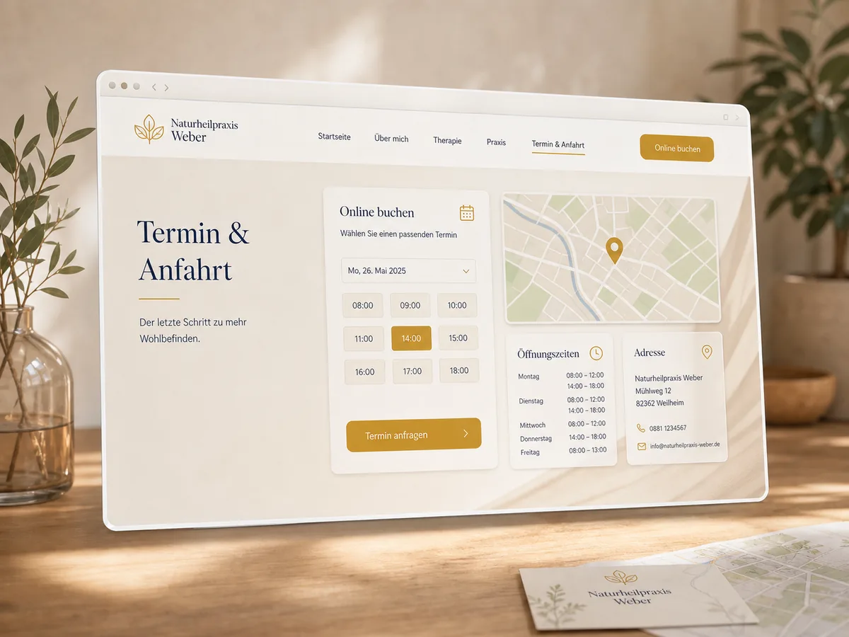 Mockup einer Termin- und Anfahrtsseite mit Online-Buchung, Karte und Öffnungszeiten