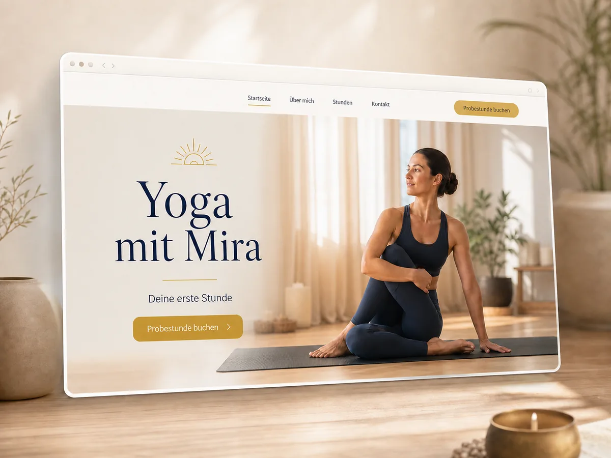 Mockup einer Yoga-Startseite mit großem Hero-Bereich und Einladung zur Probestunde