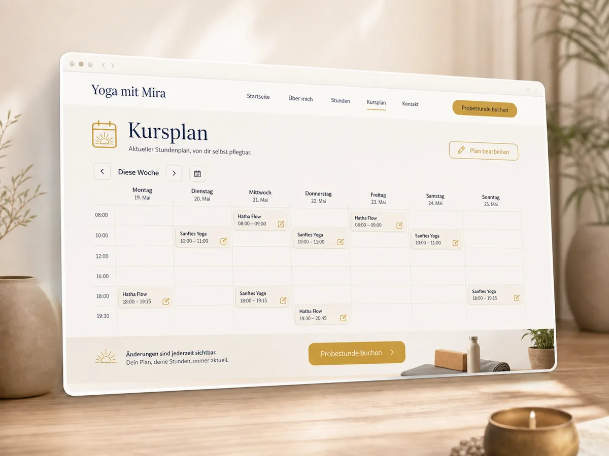 Mockup eines Yoga-Kursplans mit Wochenraster und bearbeitbaren Kursen