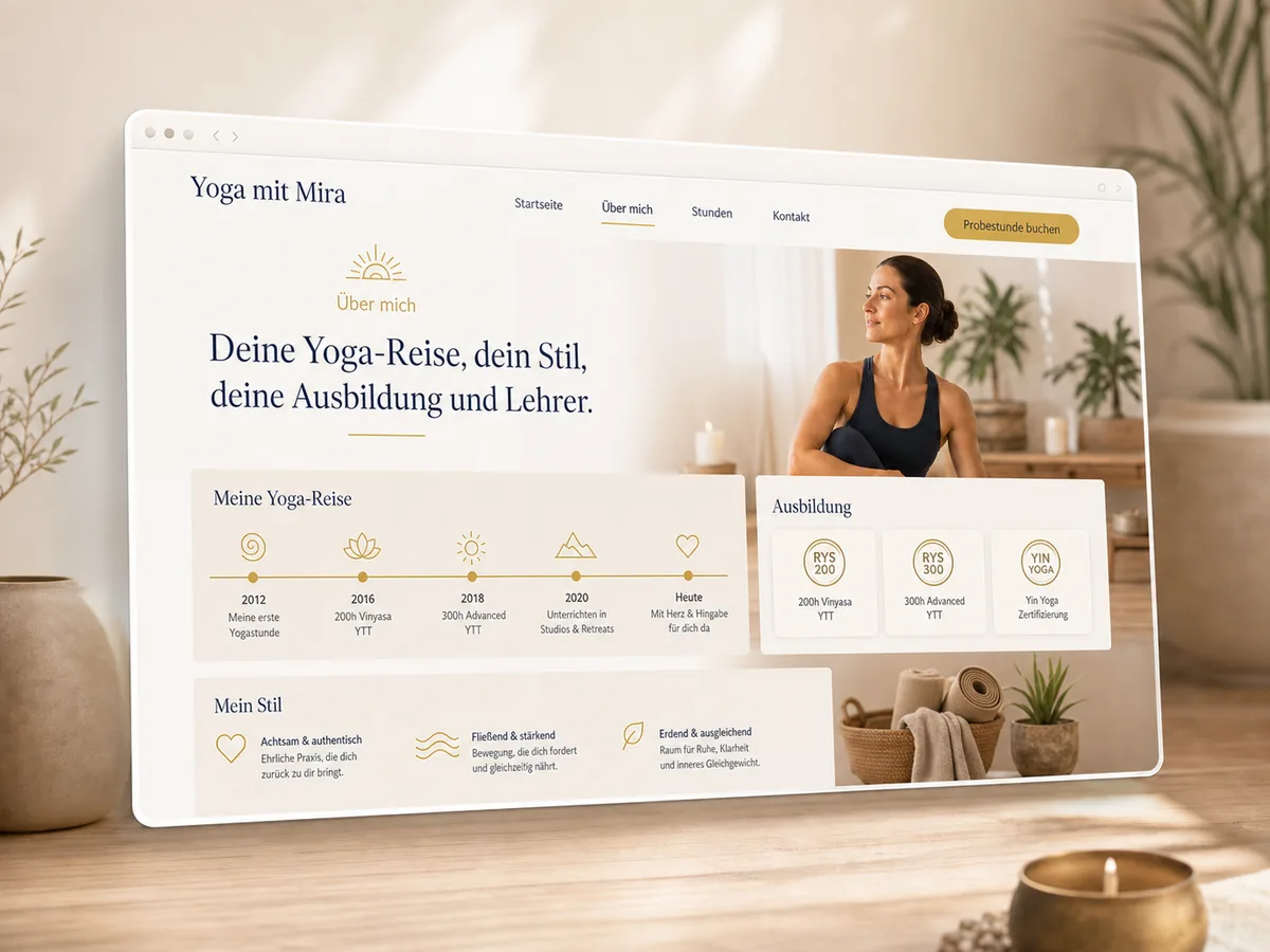 Mockup einer Über-mich-Seite für eine Yogalehrerin mit Reise, Stil und Ausbildungen