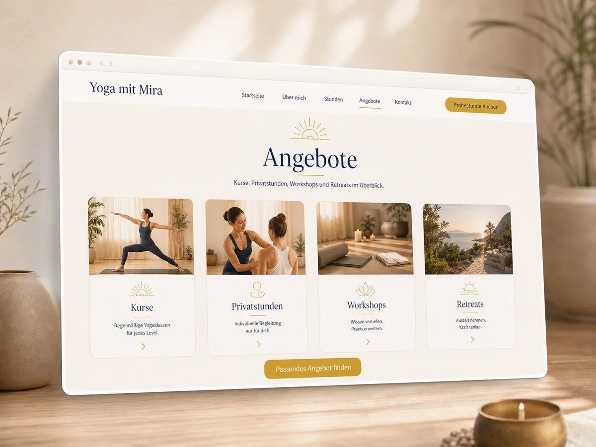 Mockup einer Angebotsübersicht für Yogakurse, Privatstunden, Workshops und Retreats