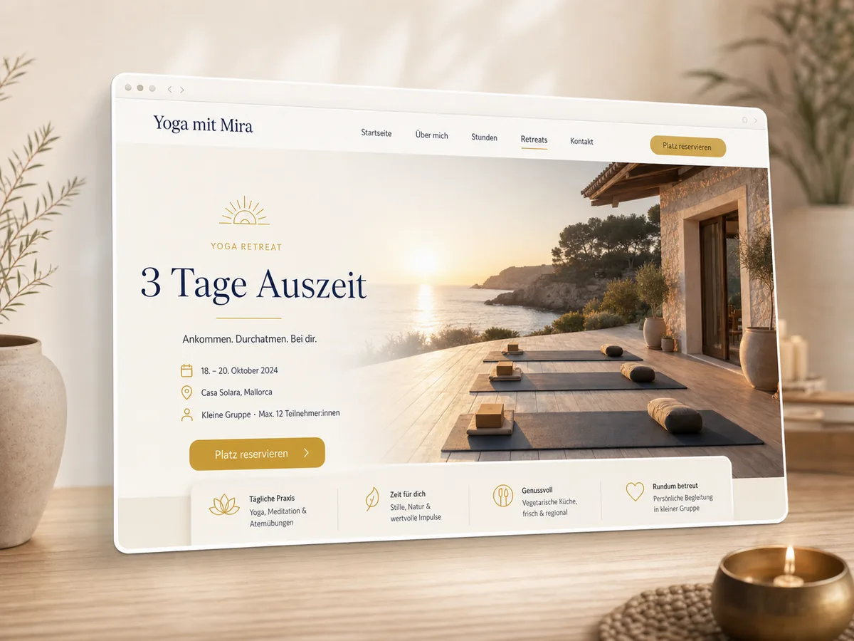 Mockup einer Yoga-Retreat-Landingpage mit Buchungsaufruf