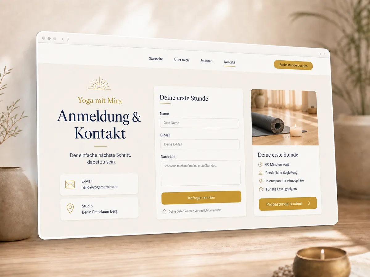 Mockup einer Kontakt- und Anmeldeseite für die erste Yogastunde
